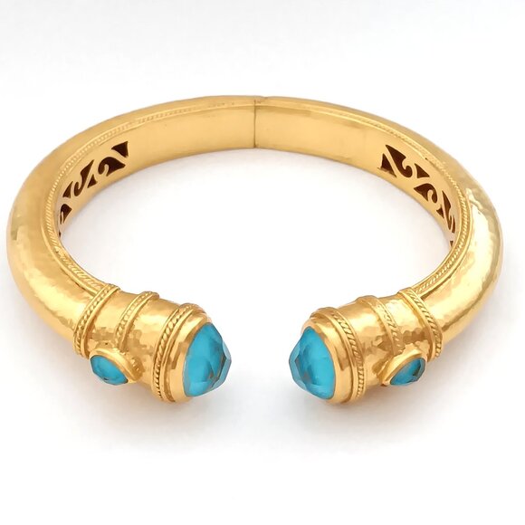 Julie Vos Cuff Hinged Bangle Bracelet Gold Plated & Turquoise Blue Glass Stone - Picture 1 of 5